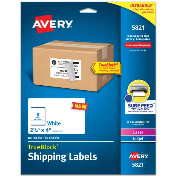 Avery&reg; Shipping Labels, Sure Feed&trade; and TrueBlock&reg; Technology, Permanent Adhesive, 2-1/2" x 4", Laser/Inkjet, 80 Labels Total (5821)