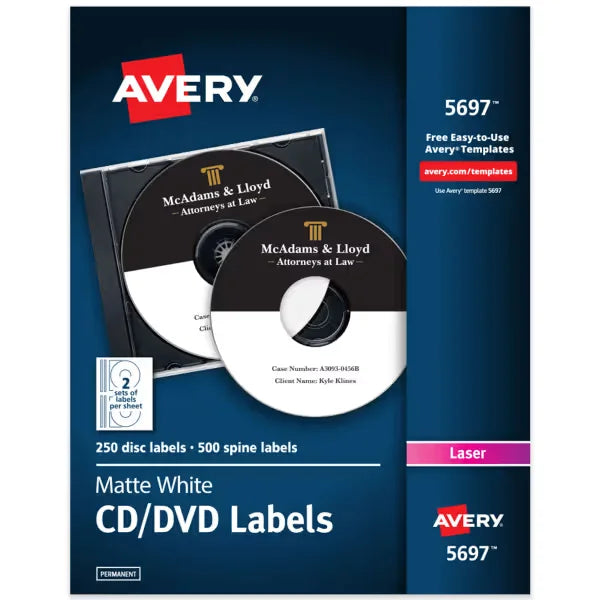 Avery&reg; CD Labels, Matte White, Permanent Adhesive, Laser Printers, 250 CD Labels & 500 Spine Labels (5697)