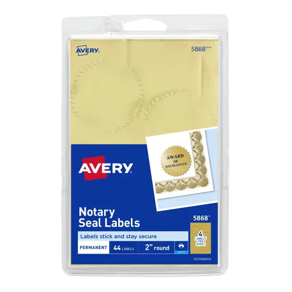 Avery&reg; Notary Seal Labels, 2" Diameter, Printable Gold Certificate Seals, Inkjet, 44 Gold Seals Total (05868)