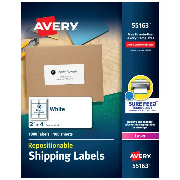 Avery&reg; Repositionable Shipping Labels, Sure Feed&trade; Technology, Repositionable Adhesive, 2" x 4", 1,000 Labels (55163)