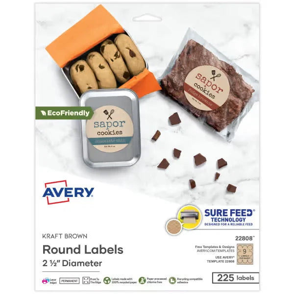 Avery&reg; Kraft Brown Round Labels with Sure Feed&reg; Technology, 2.5" Diameter, Laser/Inkjet, 225 Total (22808)