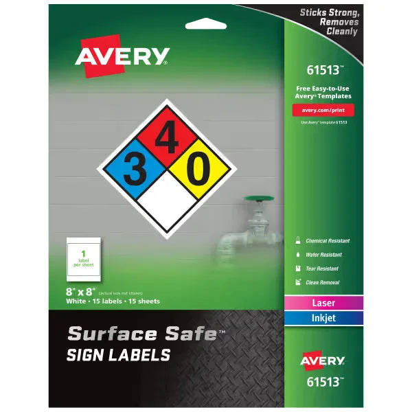 Avery&reg; Surface Safe&reg; Sign Labels, 8" x 8", Removable Adhesive, Water & Chemical Resistant, Pack of 15 (61513)