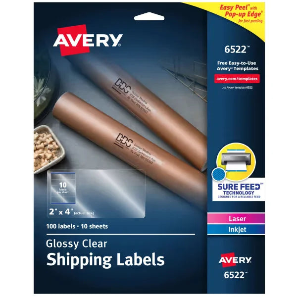 Avery&reg; Easy Peel&reg; Shipping Labels, Glossy, Clear, 2" x 4", 100 Labels (6522)