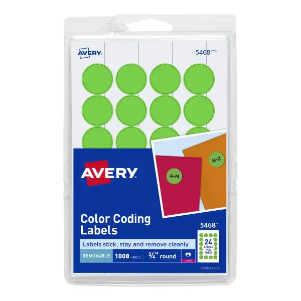 Avery&reg; Removable Color-Coding Labels, Removable Adhesive, 3/4" Diameter, Neon Green, 1,008 (5468)