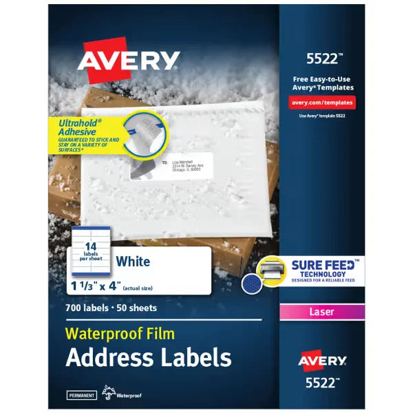Avery&reg; Waterproof Address Labels with Sure Feed&reg; Technology, 1-1/3" x 4", White, Laser Compatible, 700 Total (5522)