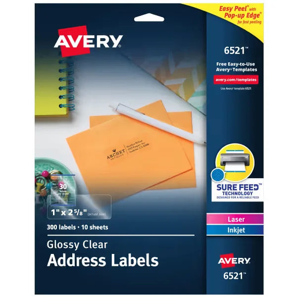 Avery&reg; Printable Address Labels with Sure Feed&reg;, 1" x 2-5/8", Glossy Clear, 300 Blank Mailing Labels for Laser and Inkjet Printers (6521)