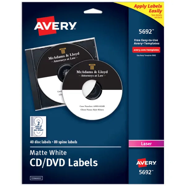 Avery&reg; Printable CD Labels, Matte White, Permanent, Laser Printers, 40 Blank CD Labels & 80 Spine Labels (5692)