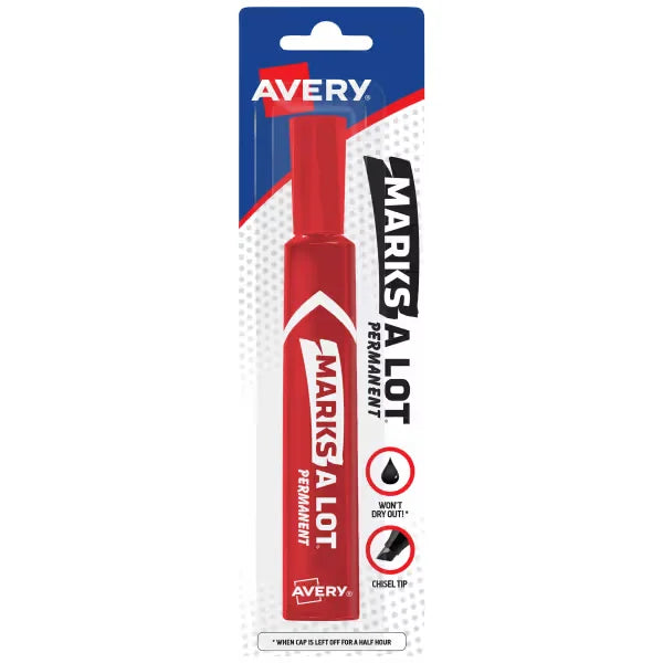 Avery(R) Marks A Lot(R) Permanent Markers, Regular Desk-Style Size, Chisel Tip, 1 Red Marker (17887)