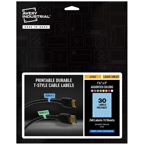 Avery&reg; Cable Labels, T-Style Self-Adhesive Cord Labels, 1.25" x 2",  8 Colors, Tear-Resistant Wire Labels, Laser/Inkjet and Handwrite-Compatible, 240 Wire Marking Labels Total (61542)