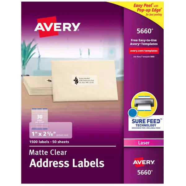Avery&reg; Address Labels with Sure Feed&reg;, 1" x 2-5/8", Matte Clear, Laser Printer Compatible, 1,500 Labels Total (5660)
