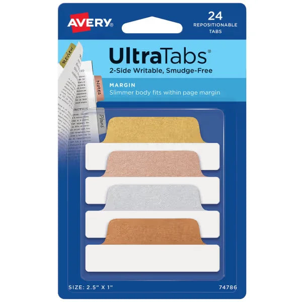 Avery&reg; Ultra Tabs&reg;, Assorted Metallic Colors, 2.5" x 1", 24 Repositionable Margin Tabs, 2-Sided Writable (74786)