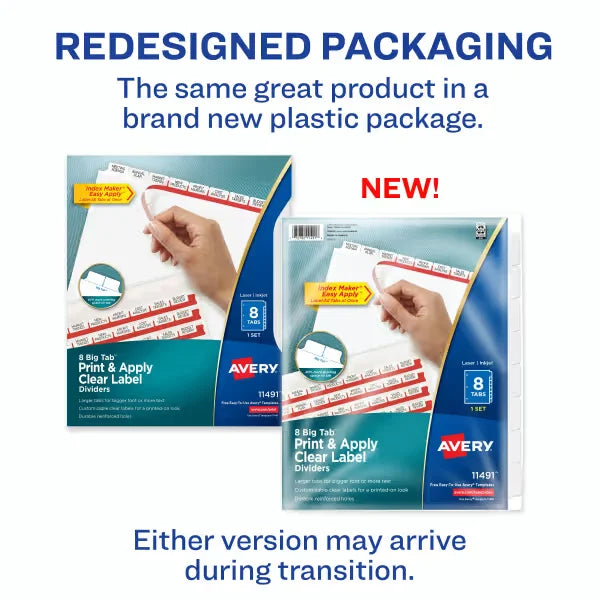 Avery&reg; Big Tab&trade; Print & Apply Clear Label Dividers, Index Maker&reg; Easy Apply&trade; Printable Label Strip, 8 White Tabs (11491)