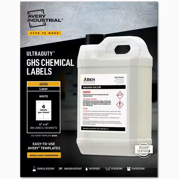 Avery&reg; UltraDuty&reg; GHS Chemical Labels for Laser Printers, Permanent Adhesive, Waterproof, UV Resistant, 4" x 4",  200  Labels (60504)