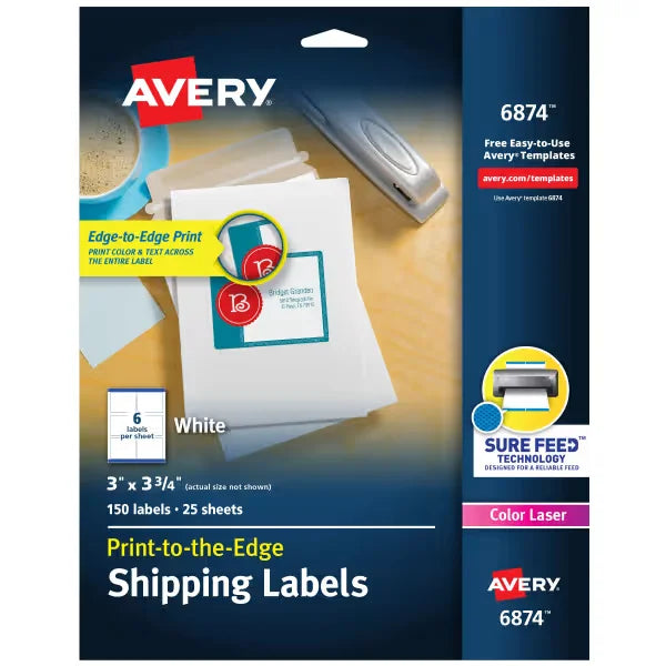 Avery&reg; Print-to-the-Edge Shipping Labels with Sure Feed&reg;, 3" x 3-3.4", Matte White, 150 Labels (6874)