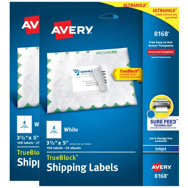 TrueBlock&reg; Shipping Labels, 3-1/2" x 5", Sure Feed&trade;, Permanent Adhesive, White, 2 Pack, 200 Labels Total (5640)