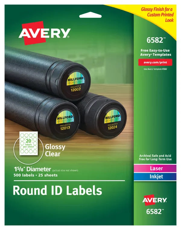 Avery&reg; Round Labels, Permanent Adhesive, Glossy, Clear, 1-5/8" Diameter, 500 Labels (6582)