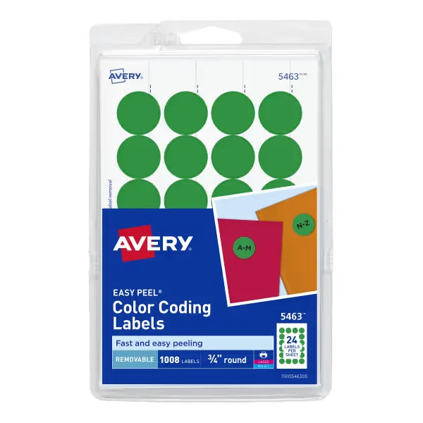 Avery&reg; Removable Color-Coding Labels, Removable Adhesive, Green, 3/4" Diameter, 1,008 Labels (5463)