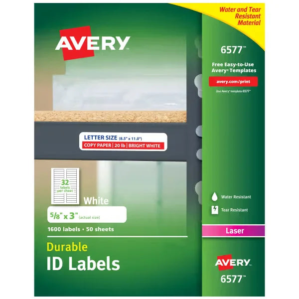 Avery&reg; Durable ID Labels, Permanent Adhesive, 5/8" x 3", 1,600 Labels (6577)