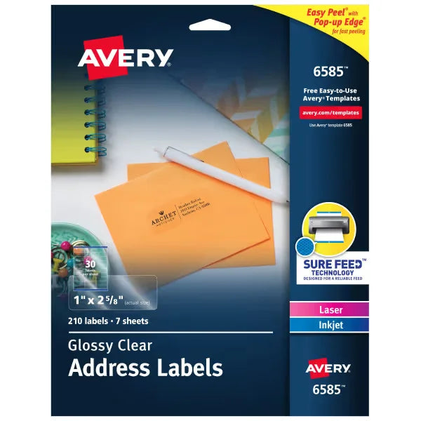 Avery&reg; Glossy Clear Easy Peel&reg; Address Labels, 1" x 2-5/8", 210 Labels (6585)
