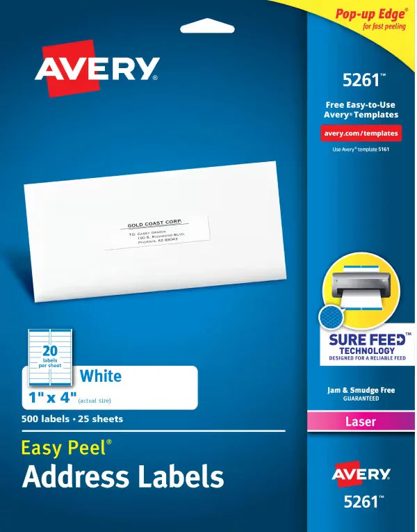 Avery&reg; Easy Peel&reg; Address Labels, Sure Feed&trade; Technology, Permanent Adhesive, 1" x 4", 500 Labels (5261)
