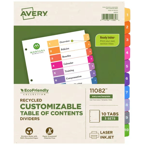 Avery&reg; EcoFriendly Recycled Dividers, 10-Tab, Multicolor, Ready Index&reg; Customizable Table of Contents, 3 Sets (11082)