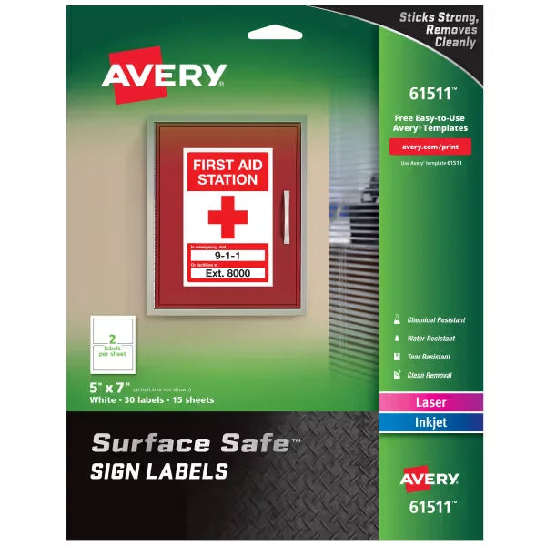 Avery Surface Safe&reg; Safety Sign Labels, Printable, Cleanly Removable, Water Resistant, 5” x 7”, 30 Pack (61511)