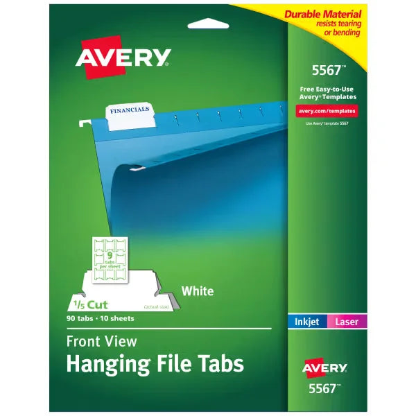 Avery&reg; Printable Hanging File Folder Tabs, 1/5 Cut, White, 90 Total (5567)