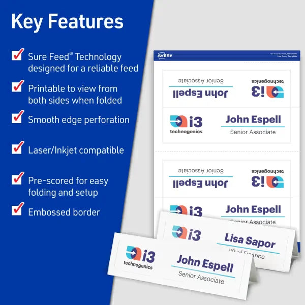 Avery&reg; Embossed Tent Cards with Sure Feed&reg; Technology, 2-1/2" x 8-1/2", White, 2-Pack, 200 Place Cards Total (25305)