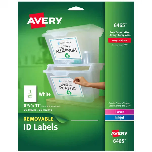 Avery&reg; Removable Labels, Removable Adhesive, 8-1/2" x 11", 25 Labels (6465)