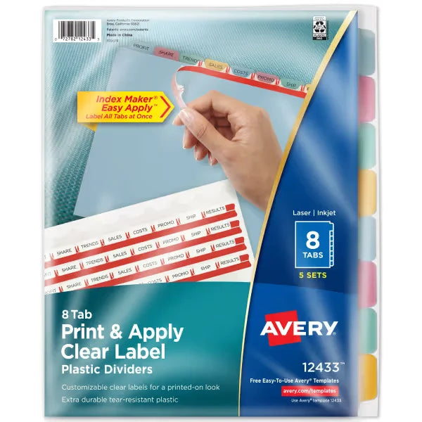 Avery&reg; Print & Apply Clear Label Translucent Plastic Dividers, Index Maker&reg; Easy Apply&trade; Printable Label Strip, 8 Multicolor Tabs, 5 Sets (12433)