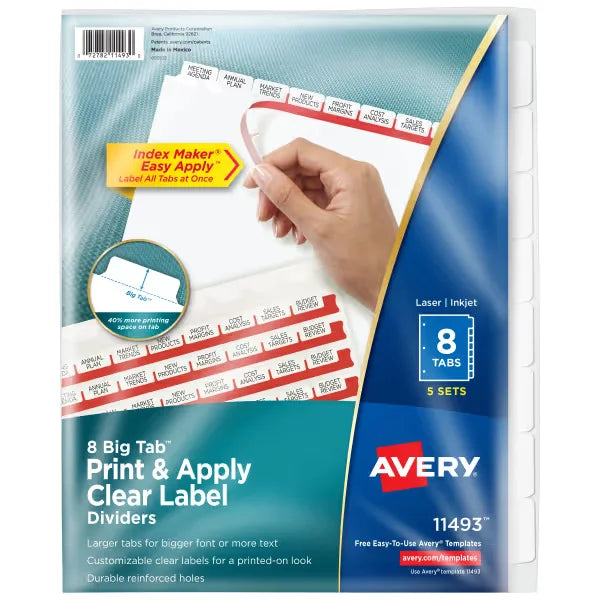 Avery&reg; Big Tab&trade; Print & Apply Clear Label Dividers, Index Maker&reg; Easy Apply&trade; Printable Label Strip, 8 White Tabs, 5 Sets (11493)