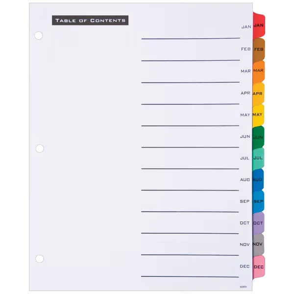 Office Essentials Table 'n Tabs Jan-Dec Dividers, 12-Tab Set, White Paper, Multicolored Tabs, 1 Binder Divider Set (11679)