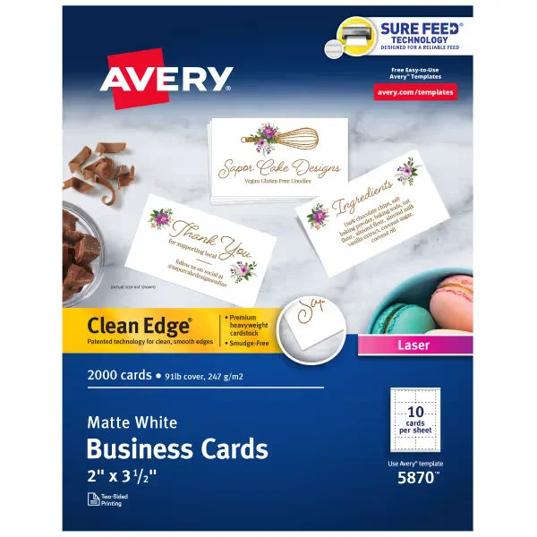 Avery&reg; Clean Edge&reg; Printable Business Cards with Sure Feed Technology, 2" x 3-1/2", White, 2,000 Blank Cards (05870)