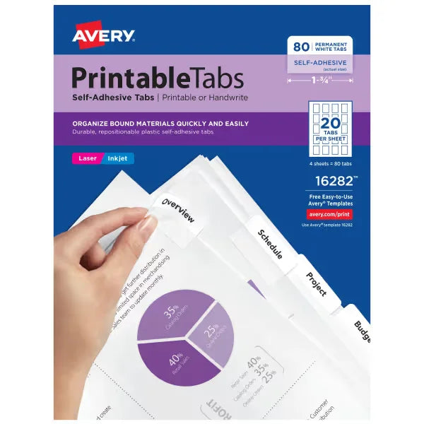 Avery&reg; Printable Tabs, Plastic, Self-Adhesive, Repositionable, 1-3/4" White, 80 Tabs (16282)