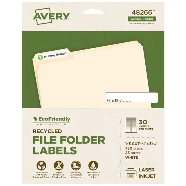 Avery&reg; EcoFriendly Recycled File Folder Labels, 2/3" x 3-7/16", White, Permanent, 750 Printable Labels (48266)