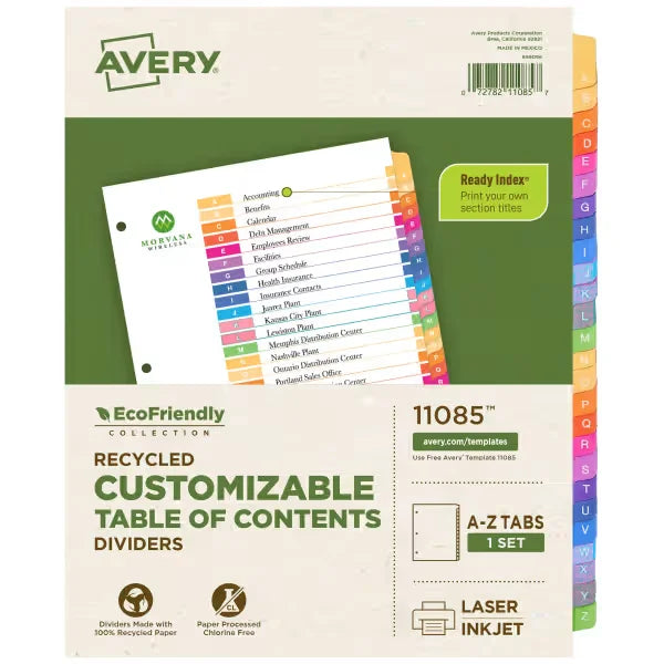 Avery&reg; EcoFriendly Recycled A-Z Dividers, Multicolor, Ready Index&reg; Customizable Table of Contents, 1 Set (11085)