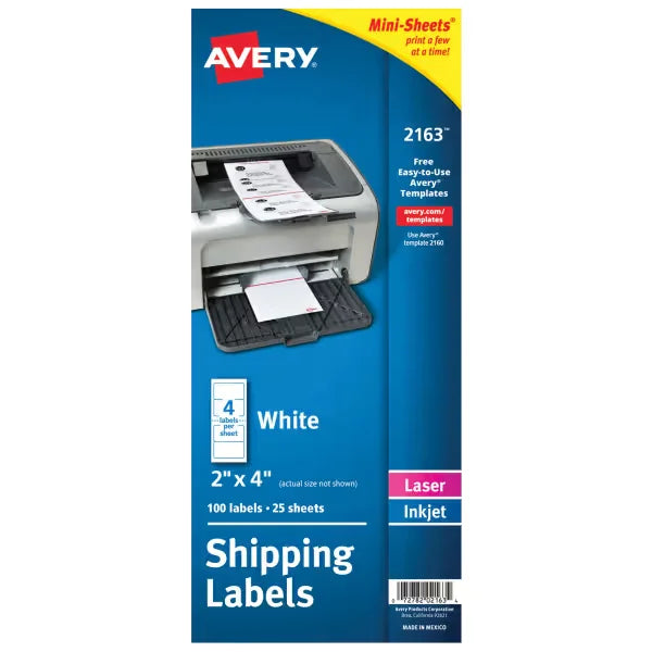 Avery&reg; Mini-Sheets Shipping Labels, 2" x 4", White, Permanent Adhesive, Laser/Inkjet Printable, 100 Labels (2163)