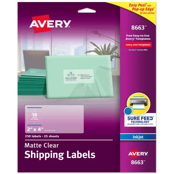 Avery&reg; Shipping Labels with Sure Feed&reg;, 2" x 4", Matte Clear, 250 Blank Mailing Labels (8663)