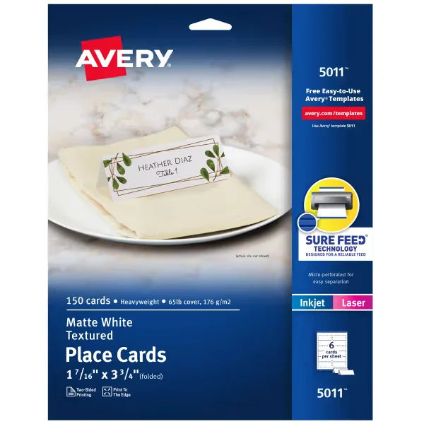 Avery&reg; Place Cards with Sure Feed&reg; Technology, 1-7/16" x 3-3/4", Textured Matte White, 150 Total (5011)