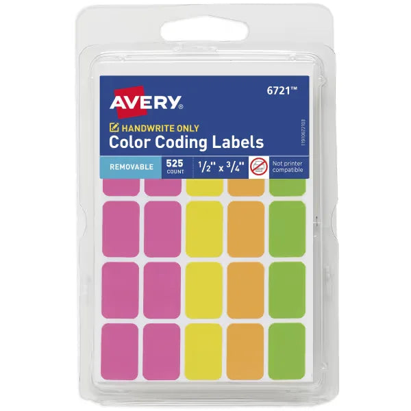 Avery&reg; Color-Coding Removable Labels, 1/2" x 3/4", Assorted Neon, Non-Printable, 525 Rectangle Labels Total (6721)