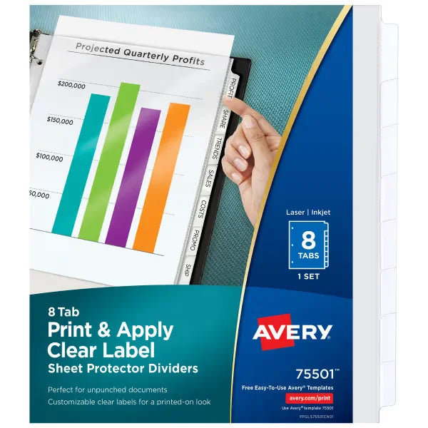 Avery&reg; Print & Apply Clear Label Sheet Protector Dividers, Index Maker&reg; Easy Peel&trade; Printable Labels, 8 White Tabs (75501)