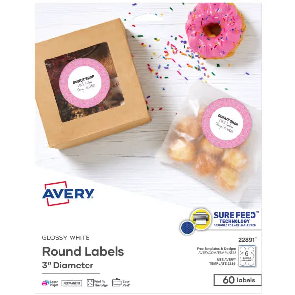 Avery&reg; Glossy White Labels with Sure Feed&reg; Technology, 3" Round Labels, Print to the Edge, Laser/Inkjet, 60 Labels (22891)