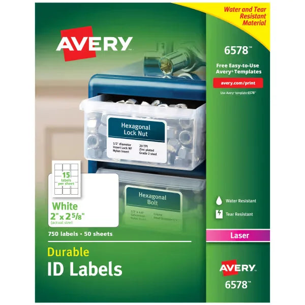 Avery&reg; Durable ID Labels, Permanent Adhesive, 2" x 2-5/8", 750 Labels (6578)