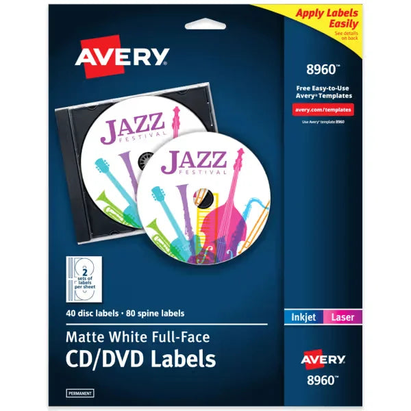 Avery&reg; Full-Face CD Labels, Matte White, Permanent Adhesive, Laser & Inkjet, 40 CD Labels & 80 Spine Labels (8960)