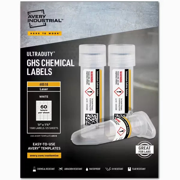 Avery&reg; UltraDuty&reg; GHS Chemical Labels for Laser Printers, Permanent Adhesive, Waterproof, UV Resistant, 0.5" x 1.75", 1,500 Labels (60518)