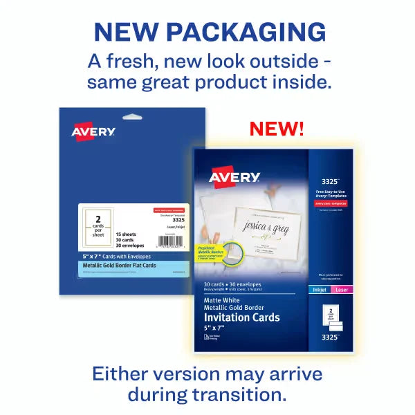 Avery&reg; Invitation Cards with Metallic Gold Borders, 5" x 7" Printable Cards, 30 Flat Cards, 30 Envelopes (3325)