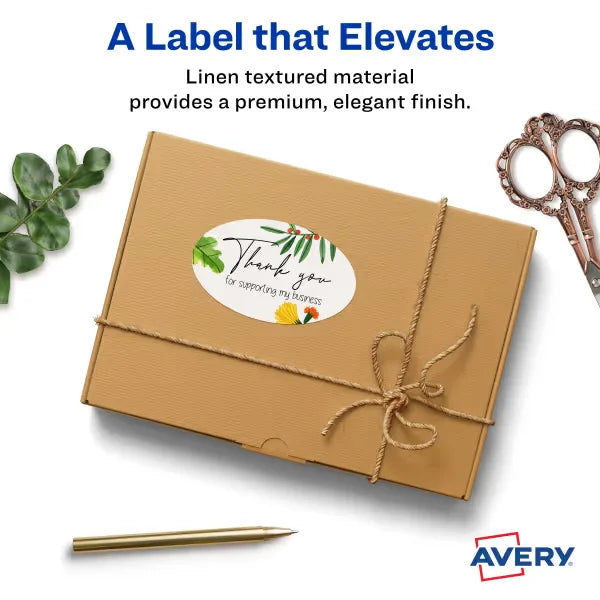 Avery&reg; 2" x 3-1/3" Water-Resistant Oval Labels, 80 Labels, Permanent Adhesive, Textured Matte White (22829)