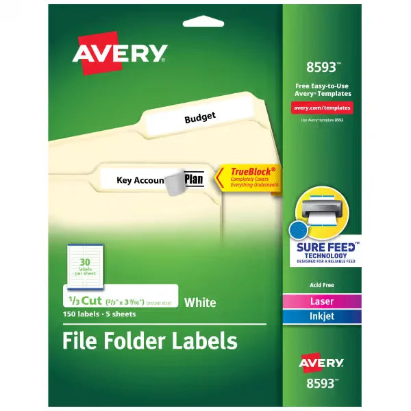 Avery&reg; File Folder Labels with TrueBlock&reg; Technology, Permanent Adhesive, 2/3" x 3-7/16", Laser/Inkjet, 150 Labels (08593)