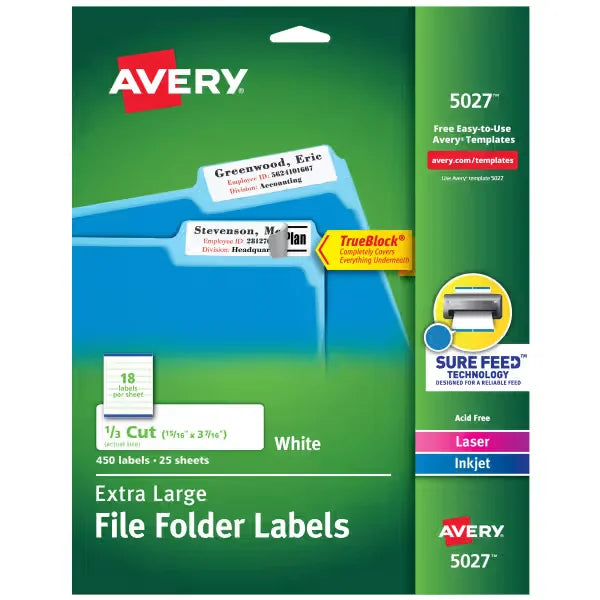 TrueBlock&reg; Extra Large File Folder Labels, 15/16" x 3-7/16", 450 Printable Labels, Permanent, White (5027)