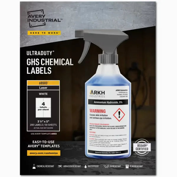 Avery&reg; UltraDuty&reg; GHS Chemical Labels for Laser Printers, Permanent Adhesive, Waterproof, UV Resistant, 3-1/2" x 5", 200  Labels (60503 )